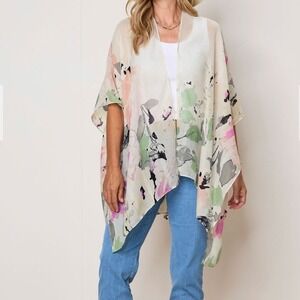 Vince Camuto Floral Print Open Front Kimono‎ Cardigan Cream Pink Green One Size